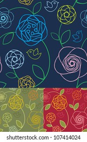 Seamless pattern with flowers and birds, summer garden
