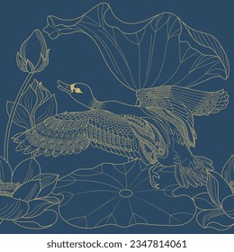 Seamless pattern with flowers and birds. Textile background, line graphics. 