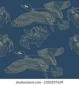 Patrón sin foco con flores y pájaros. Fondo textil, gráficos de línea. 