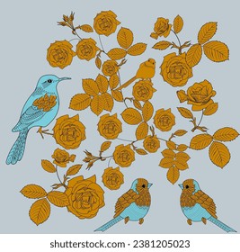 Patrón sin foco con flores y pájaros. Fondo textil, gráficos de línea. 
