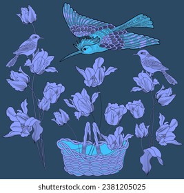 Seamless pattern with flowers and birds. Textile background, line graphics. 
