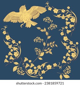 Seamless pattern with flowers and birds. Textile background, line graphics. 
