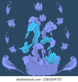 Seamless pattern with flowers and birds. Textile background, line graphics. 
