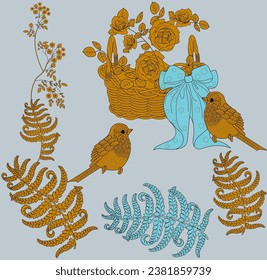 Seamless pattern with flowers and birds. Textile background, line graphics. 
