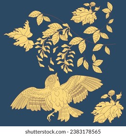 Seamless pattern with flowers and birds. Textile background, line graphics.