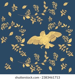 Seamless pattern with flowers and birds. Textile background, line graphics.