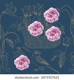 Seamless pattern with flowers and birds. Textile background, line graphics.