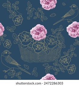 Seamless pattern with flowers and birds. Textile background, line graphics.