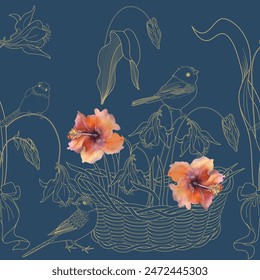 Patrón sin fisuras con flores y pájaros. Fondo textil, gráficos de línea.