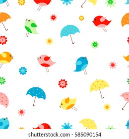 Seamless pattern with flowers, birds and umbrellas.