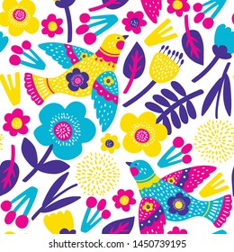 Seamless pattern with flowers and birds. Vector illustrations