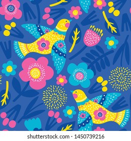 Patrón sin problemas con flores y pájaros. Ilustraciones vectoriales