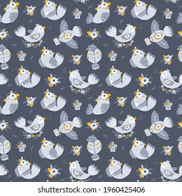 Seamless pattern with flowers and birds. Vector illustrations