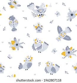 Patrón sin foco con flores y pájaros. Ilustraciones vectoriales