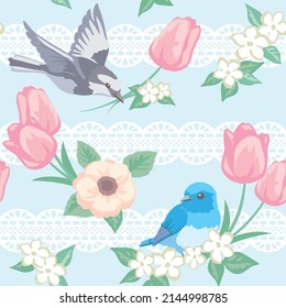 Seamless pattern with flowers and birds. Vector illustration.