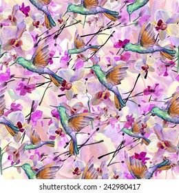 Seamless pattern with flowers and birds. Vector illustration