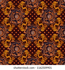 Seamless pattern of flowers in a black, brown and orange colors. Imitation embroidery. Vector textile print template fashion paisley field wallpaper art.