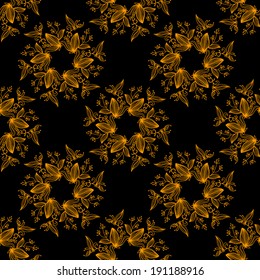 Seamless pattern with flowers in black and gold. Endless print silhouette texture. Frame. Wreath. Satin. Silk - vector 