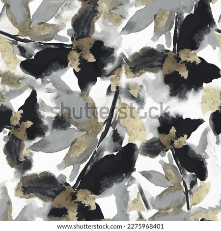 Seamless pattern of flowers in black and gold color. Abstract intricate flower design. Marble pattern with floral background. Grunge textured abstract art vector illustration