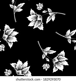 Patrón sin foco con flores. Fondo monocromo negro con siluetas de flores para todo tipo de impresiones