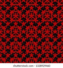 Seamless pattern of flowers in a black, red and brown colors. Vector textile print template fashion paisley field wallpaper art. Imitation embroidery.