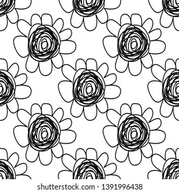Seamless pattern with flowers. Black and white. Vector.
