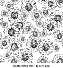 seamless pattern with flowers in black and white, vector illustration, wallpaper ornament, wrapping paper
