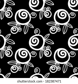 Seamless Pattern with Flowers Black and White - vector