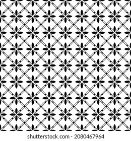 Seamless pattern of flowers in black and white alternating grid lines.