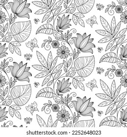 Seamless pattern with flowers. Black and white. For the design of backgrounds, wallpapers, fabric, wrapping paper, scrapbooking and so on.Vector