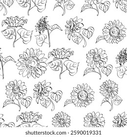 Seamless pattern with flowers. Black and white floral motif textile design on a white background