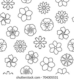 Seamless pattern with flowers, black and white icons