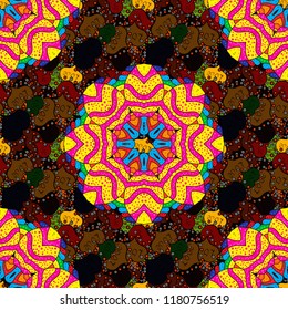 Seamless pattern with flowers. Black, yellow and brown colors. Mandala vector floral flower oriental coloring book page outline template carpet.