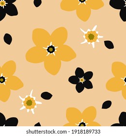Patrón sin foco de flores negro y amarillo. Plantilla para impresión en textiles, tejidos, ropa de cama, papel de envoltura, cubiertas y papel pintado. Ilustración vectorial.
