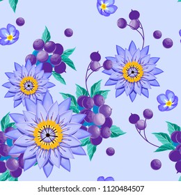 Seamless pattern with flowers and blackberries on the blue background