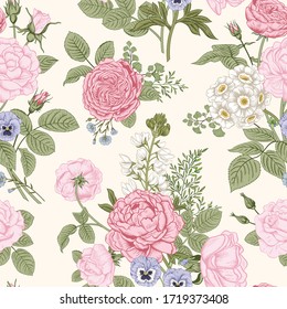 Seamless pattern with flowers. Blooming  garden. Vector illustration.