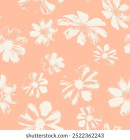 Seamless pattern with flowers blooms stamps. Nature grunge background. Floral inky repeat design.