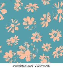 Seamless pattern with flowers blooms stamps. Nature grunge background. Floral inky repeat design.