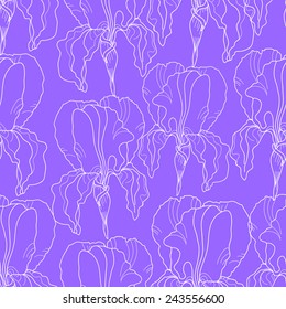 Seamless pattern with flowers. Blossoming irises. Hand drawn floral background. Artwork for textiles, fabrics, souvenirs, packaging and greeting cards.