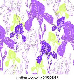 Seamless pattern with flowers. Blossoming irises. Hand drawn floral background. Artwork for textiles, fabrics, souvenirs, packaging and greeting cards.
