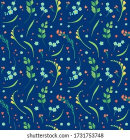 Blumen blühen und hinterlassen flache Vektor Retro nahtlose Muster. Abstrakte Wildblumen auf dunkelblauem Hintergrund. Blumendekorative Kulisse. Blühende Wiesenpflanzen. Vintage, Gewebe, Tapeten