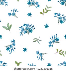 Seamless pattern with flowers blue Agapanthus, green leaves and branches. Floral design on white background. Vector illustration in vintage rustic style. svg
