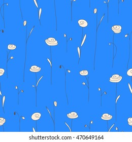 Seamless pattern with flowers. Blue background with stylized doodle roses. Elegant template for fashion prints. Vector illustration. Cute vintage floral backdrop for summer or spring design.