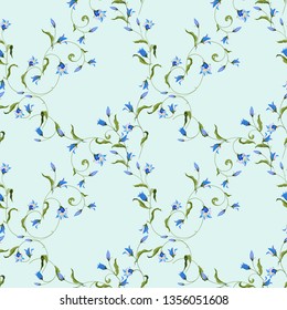 Seamless pattern with flowers blue bell, ornate ornament on light bluish background. Floral vector illustration. Vintage Provence style