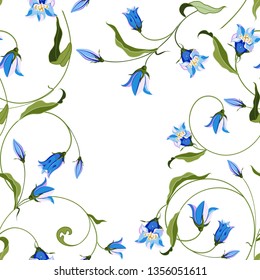 Seamless pattern with flowers blue bell, ornate ornament on white background. Floral vector illustration. Vintage Provence style