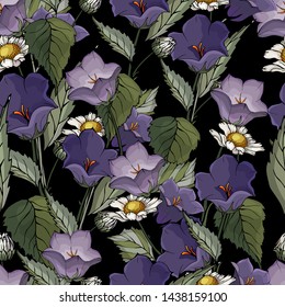 Seamless pattern with flowers blue bells, chamomiles, green leaves on black background. Floral Pattern for Textile Print. Fabric wallpaper print texture.