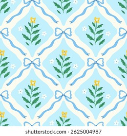 Seamless pattern with flowers and blue bows. Vector graphics.
