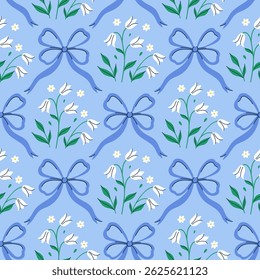 Seamless pattern with flowers and blue bows. Vector graphics.
