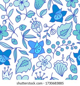 Patrón sin foco con flores de colores azules.