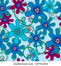 Seamless pattern flowers blue and curls on Very soft blue background. For printing on packaging, bags, cups, laptop, furniture, etc. Vector.